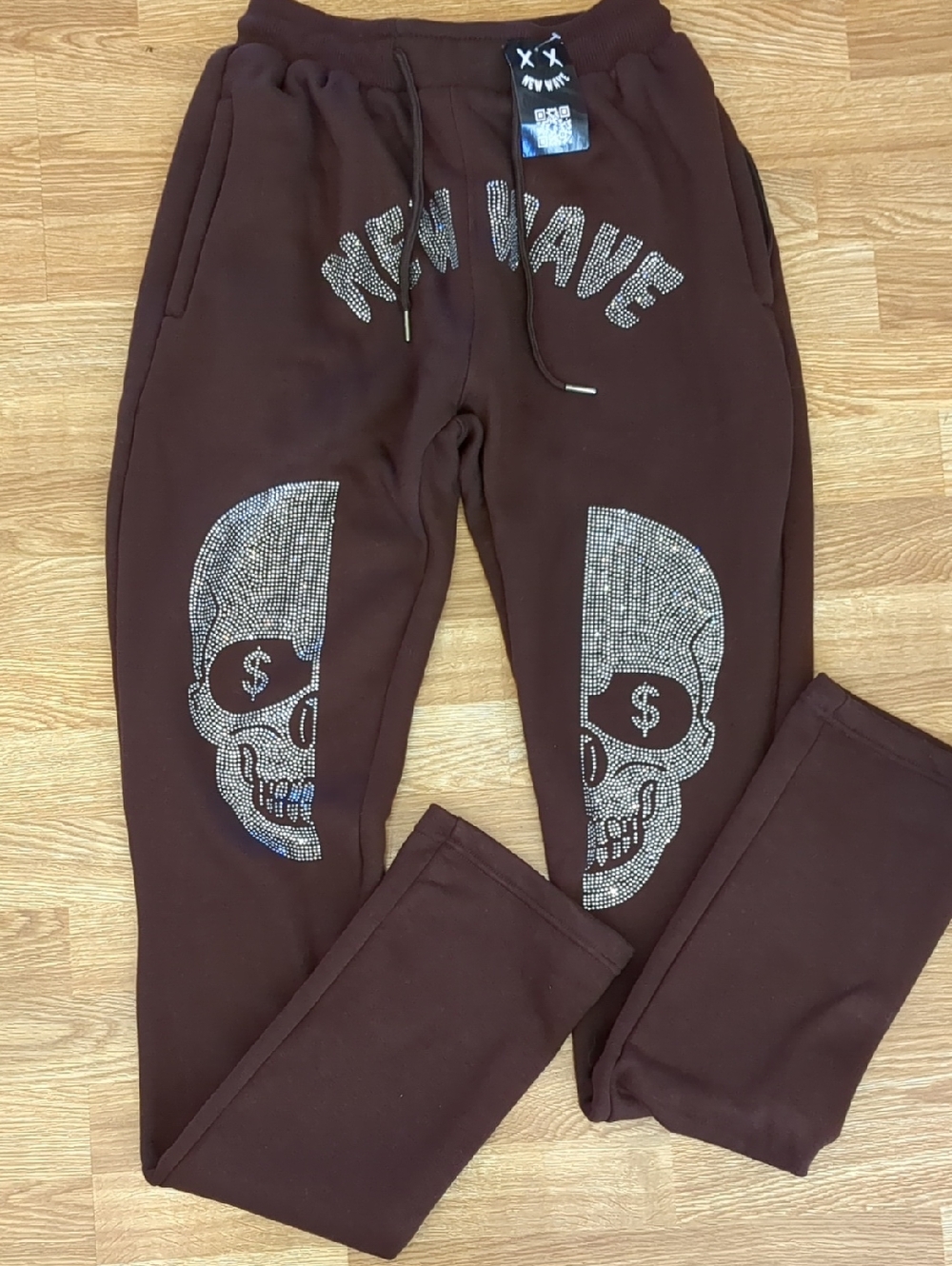 New Wave Bedazzled Rhinestone Skull Chocolate Brown Joggers, Size Small, NEW